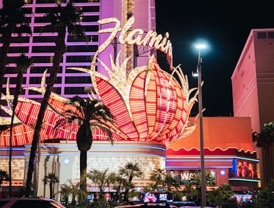 A brightly lit casino with neon lights in vibrant red, pink, and blue, featuring a large flamingo signage. Palm trees are visible in the foreground with vehicles passing by on the street at night.